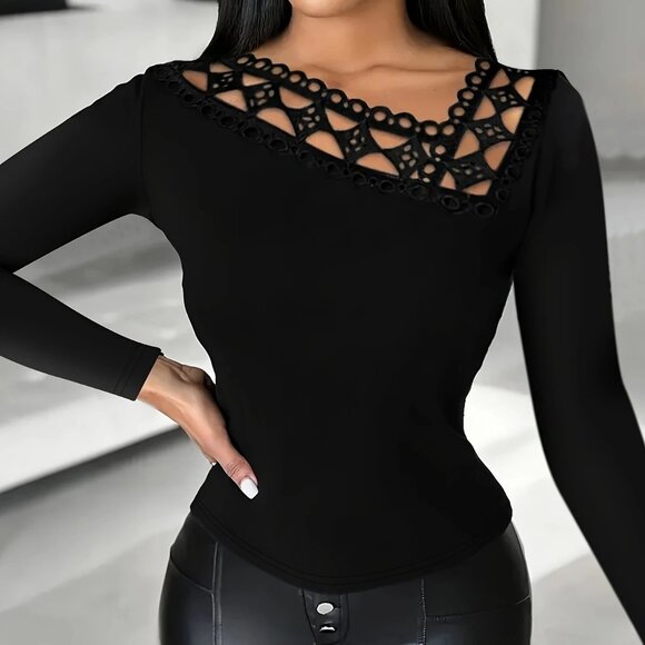 Asymmetric V-Neck Long Sleeves Pullover Top Shirt - Picture 3 of 7